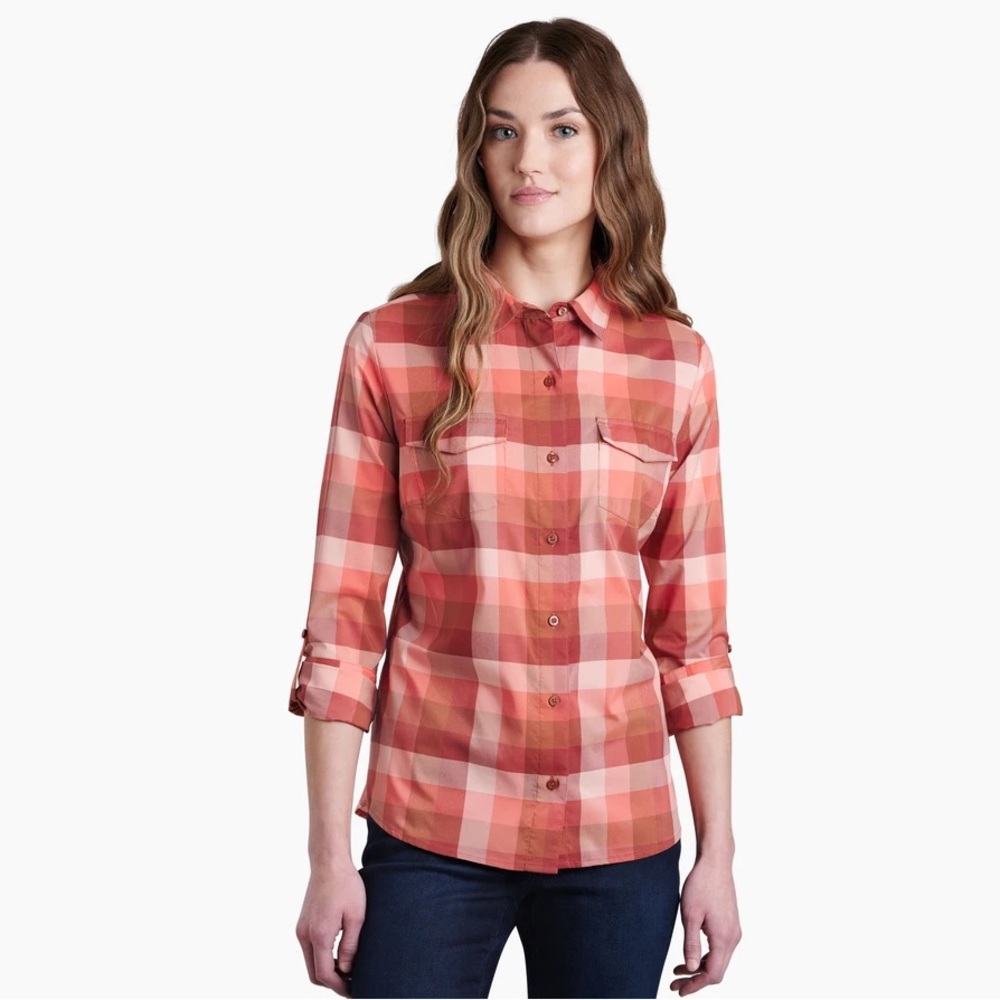 Kuhl Kamp shirt size small orange plaid button up with long sleeves, Button cuff